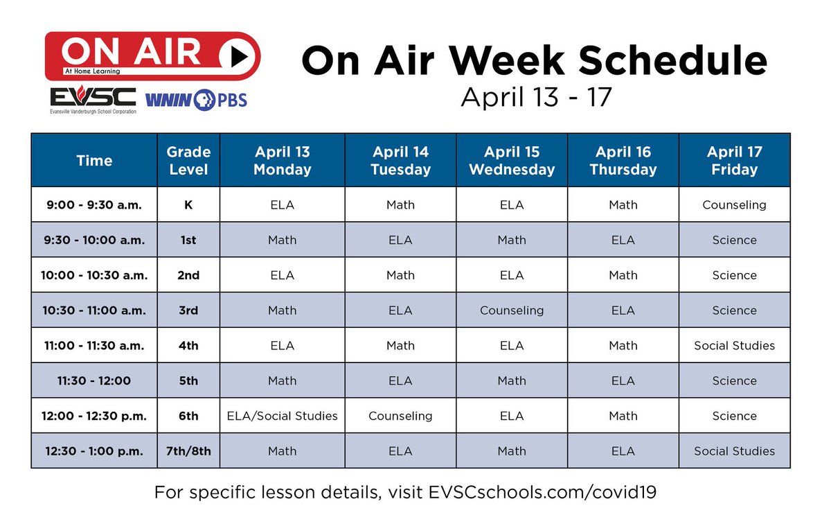 Happy Monday and welcome back to virtual learning! Our collaboration with WNIN officially begins today. Follow the schedule below to watch the EVSC teacher lessons and the selected PBS videos on your TV.
