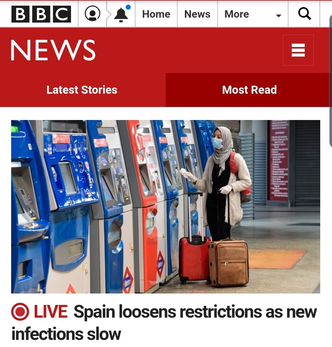 The front page of the BBC news website currently, with a headline about coronavirus in Spain and an image of a Muslim woman in hijab.
