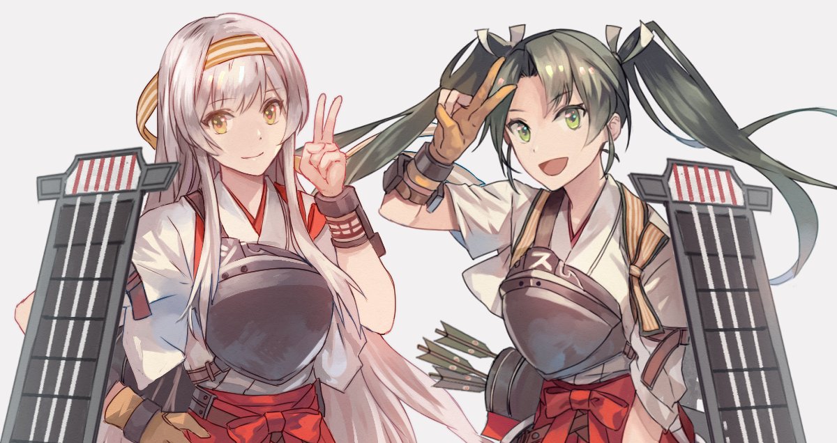 shoukaku (kancolle) ,zuikaku (kancolle) multiple girls 2girls long hair japanese clothes skirt twintails muneate  illustration images