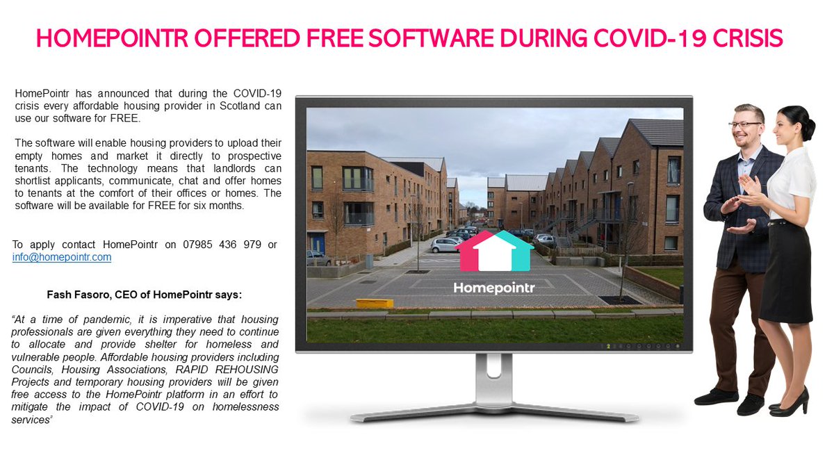 homepointr's tweet photo. HomePointr has announced that during the COVID-19 crisis every housing provider in Scotland can use our Affordable Housing Referral software for FREE. #HousingFirst #RapidRehousing @Homelessnetscot @Shelterscotland https://t.co/g2FAsYe9uN
