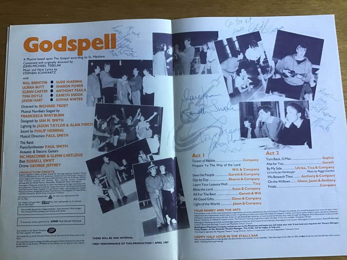 TheatreFlashba1's tweet photo. Looking back at old theatre programmes: Godspell. May 1987 @NottmPlayhouse @garethsnook #SophiaWinter @gl3nnc4rt3r @WillBrenton @McKennaSusie #ulrikabutt #tinadoyle #jasonhart #sharonpower #anthonypsaila https://t.co/QCS4Zq1mZZ