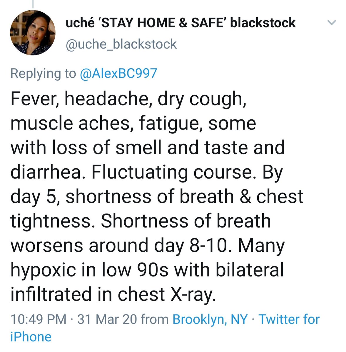 Then sleep 9 more hours.Somewhere in there, I saw this tweet.And it somehow made me feel better to see someone working with COVID19 patients in NYC describe my symptoms exactly, except luckily I didn't get to the point of respiratory issues.