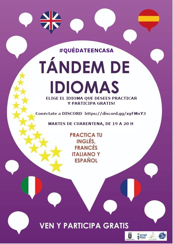 ¿Tienes tiempo libre y estás sin actividades? Únete a nosotros y aprende o mejora tus conocimientos de inglés, español, italiano o francés. El Tándem de Idiomas es cada martes de 19h a 20h 🇬🇧🇮🇹🇫🇷🇪🇸.

Participad pinchando en este enlace: discord.gg/xyFMnY3
<a href="/europedirectCLM/">Europe Direct CLM</a>