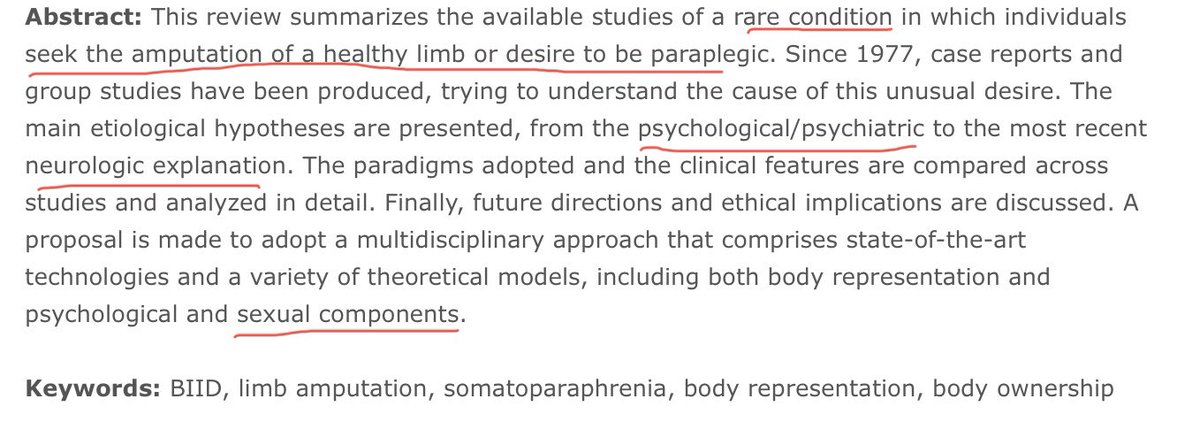Sexual component, psychiatric co-morbidities, predominantly a male phenomenon, as with sexual paraphilias. There’s even a genre of amputee porn.