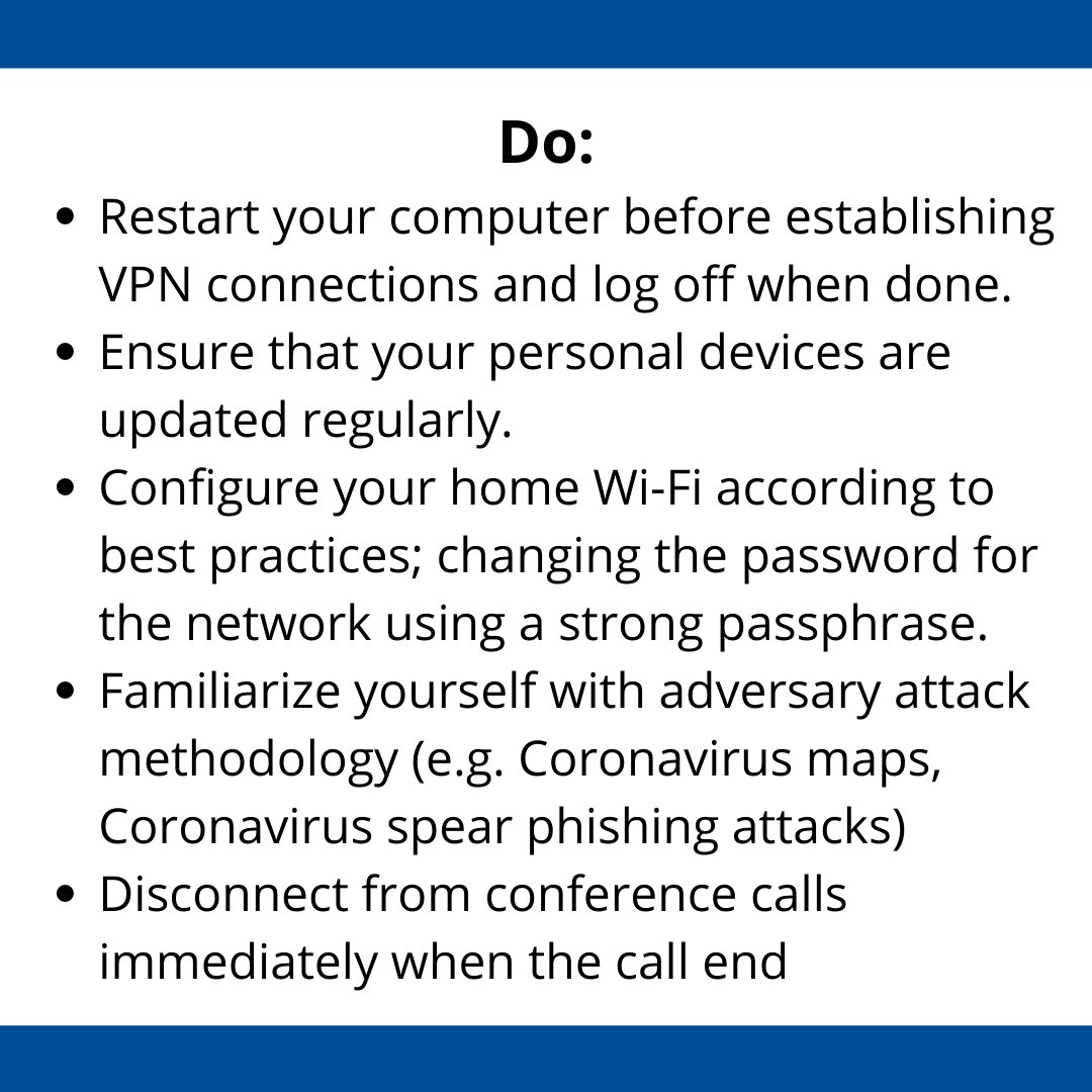 UWFCyberAI's tweet photo. Some "Dos" and "Don'ts" to follow to keep your information safe while working/learning from home. #CyberSafe #lfh #wfh #Covid19 #CoronaVirus https://t.co/KmE47oWEW3