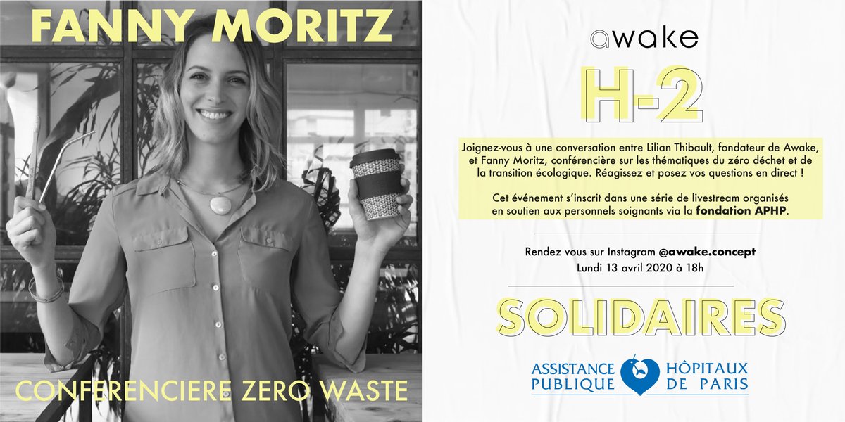 Awake_Concept's tweet photo. H-2.
A 18h00 ce soir 13 Avril, sur le compte Instagram @awake.concept, Fanny MORITZ, entrepreneur &amp; speaker , et Lilian Thibault, CEO de Awake, conversent en livestream.
On va parler "zero déchet", présent et futur.
A tout à l'heure 😃 https://t.co/jnoCICiOUv
