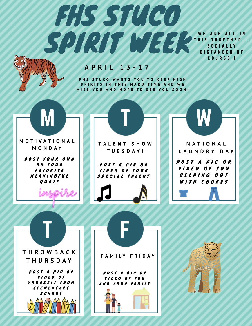 FHS_STUCO20's tweet photo. FHS STUCO Spirit Week! We are all in this together....socially distanced of course. Join us April 13-17 we want you to keep high spirits in this hard time, we miss you, and hope to see you soon! #FHSSTUCOSpiritWeek #FHSStrong https://t.co/RhIFU7t4qW