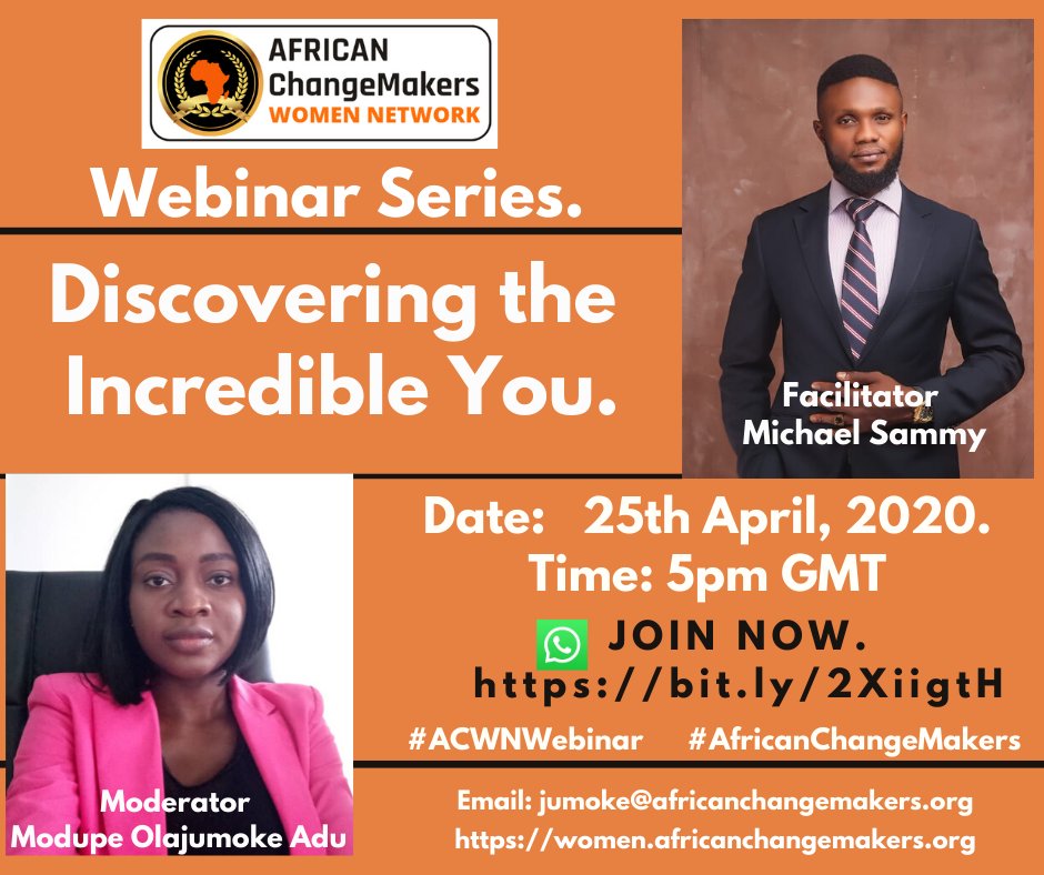 ChangemakerLead's tweet photo. Join us for this upcoming webinar.African ChangeMakers Women Network (ACWN) is pleased to announce to you it's maiden webinar series;
DISCOVERING THE INCREDIBLE YOU! JOIN NOW https://t.co/0XEOGVArNC #ACWNWebinar #AfricanChangeMakersWomen #AfricanChangeMakers https://t.co/CPNtQrcnYS