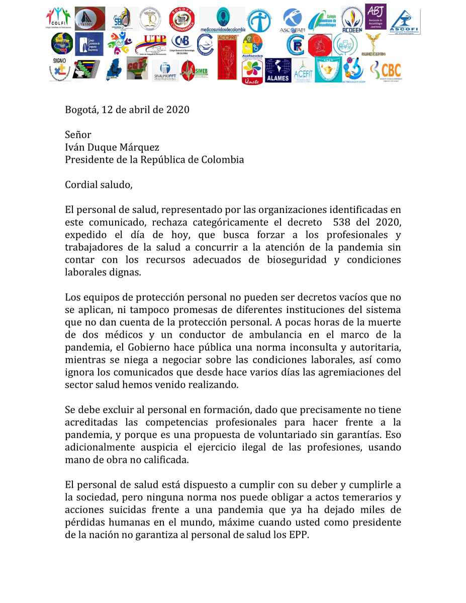 lasocomeg's tweet photo. El personal de salud, representado por las organizaciones identificadas en este comunicado, rechaza categóricamente el decreto 538 del 2020, expedido el día de hoy, que busca forzar a los profesionales y trabajadores de la salud a concurrir a la atención de la pandemia. https://t.co/AlHbHdCNHI