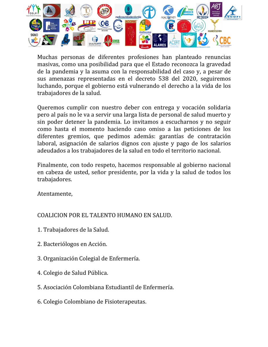 lasocomeg's tweet photo. El personal de salud, representado por las organizaciones identificadas en este comunicado, rechaza categóricamente el decreto 538 del 2020, expedido el día de hoy, que busca forzar a los profesionales y trabajadores de la salud a concurrir a la atención de la pandemia. https://t.co/AlHbHdCNHI