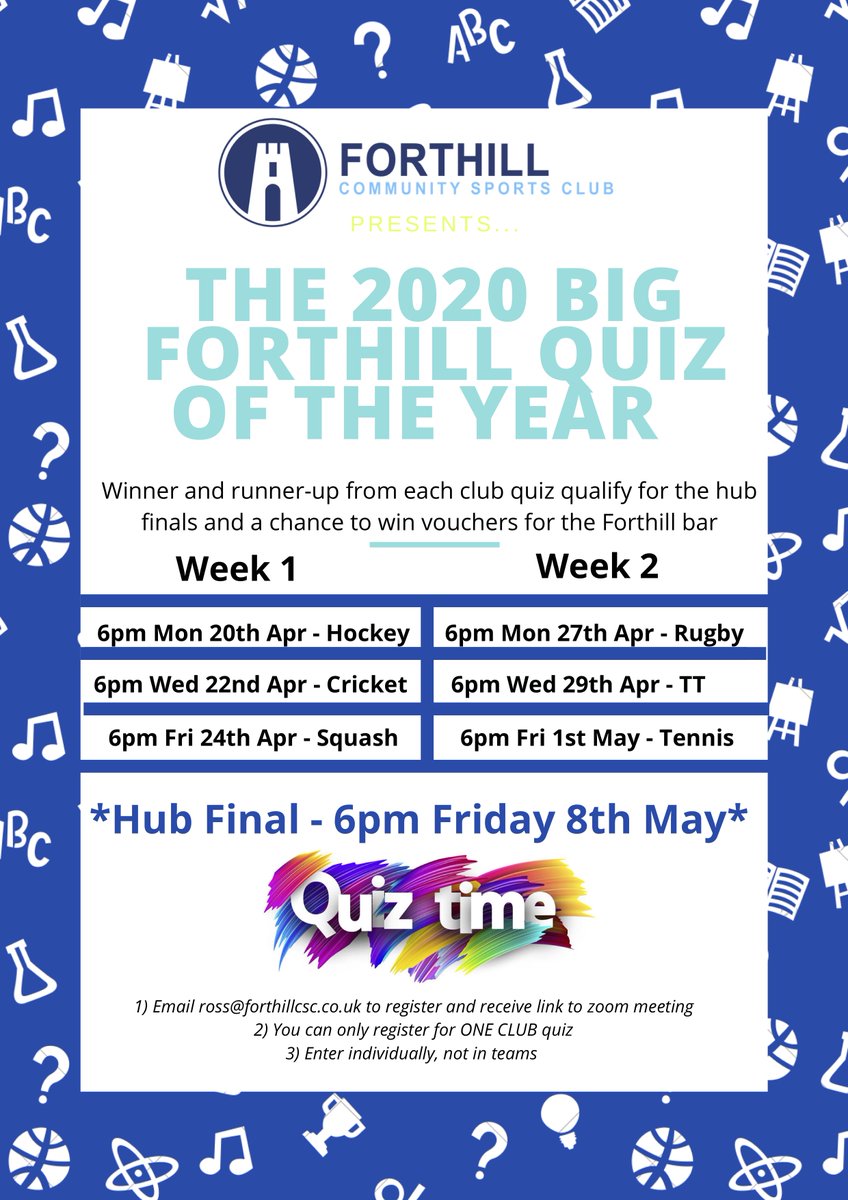 CshForthill's tweet photo. **Big Forthill quiz of the year 2020**

🧠📝🤓💻🏆 

✅Inter-club competition? 
✅ Prizes to be won? 
✅ Fun to be had? 
✅ Free for all Forthill members? 

See poster for details and sign up now by emailing ross@forthillcsc.co.uk 

#Communitysportshubs @DundeeCSH @sportscotland https://t.co/91QadCzWbu