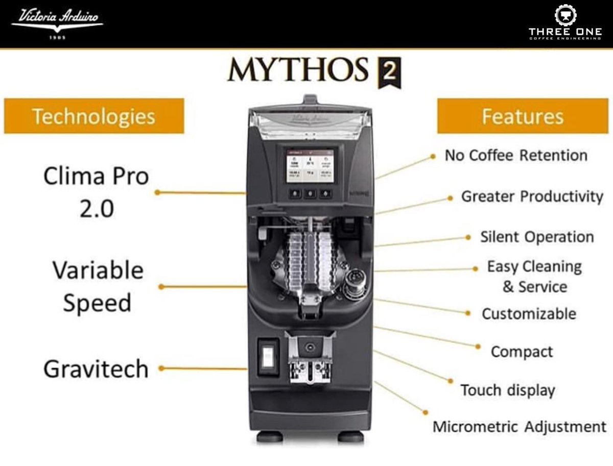 threeonecoffee's tweet image. Ever since we first saw the new @victoriaarduino #Mythos2 Grinder at @HostMilano 2019 we were hooked. The phenomenal design stands out but the unique features and technologies are really what sets this grinder apart. 
 #ThreeOneCoffee #GrindByWeight #Gravimetric #ClimaPro