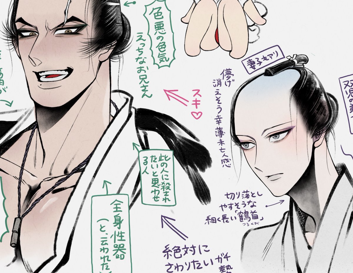 原稿と、線画の質感を大事にしたいイラストのお仕事などはアナログ作画です。百と卍カバーイラストなど。最近はパソコン作画で出る「わざとらしい墨っぽさ」もかなり好きでそんな塗り方もしてます(4枚目) 