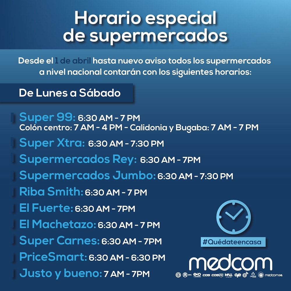 Conoce los diferentes horarios ⏱️ de nuestros supermercados a nivel nacional para la atención al cliente ante la difícil situación del COVID-19 #QuedateenCasa #ProtegetePanamá #MedcomMedios