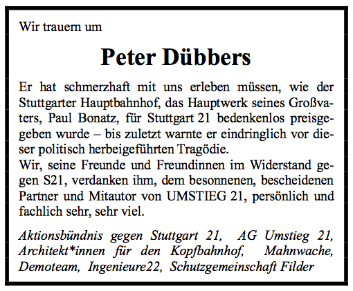 Traueranzeige des Aktionsbündnisses und weiteren #S21 Gegnern