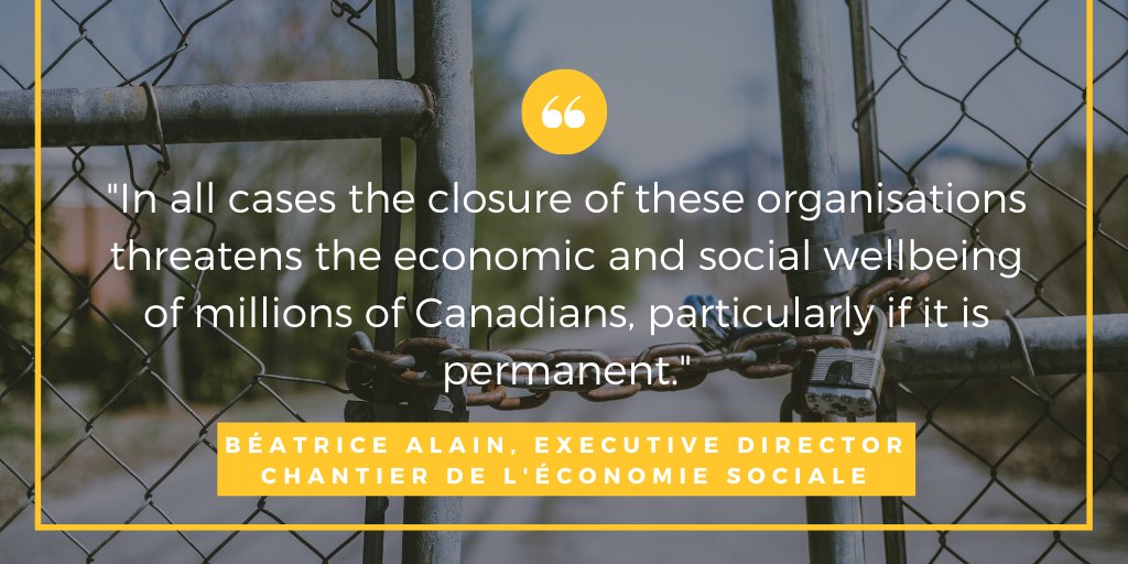 When asked about the impact of #COVID19 on social enterprises, <a href="/ChantierES/">Chantier de l'ÉS</a> shared their fears that the closure of orgs offering childcare, helping people integrate into the labour force, cultural orgs, etc. will have devastating social &amp; economic impacts.