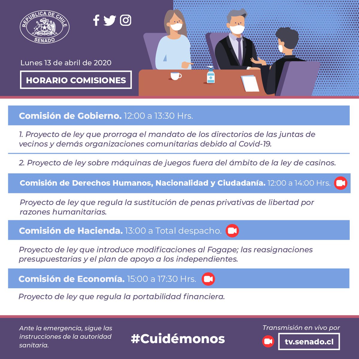 Senado_Chile's tweet photo. #BuenLunes 
Hoy están convocadas seis comisiones para el estudio de diversas materias.

La primera en comenzar será Educación (10:30 hrs) que analizará, entre otras cosas, el calendario escolar junto al ministro de Educación.

Sigan el detalle por https://t.co/s1gbAxLIND https://t.co/k6R6CjyPzy