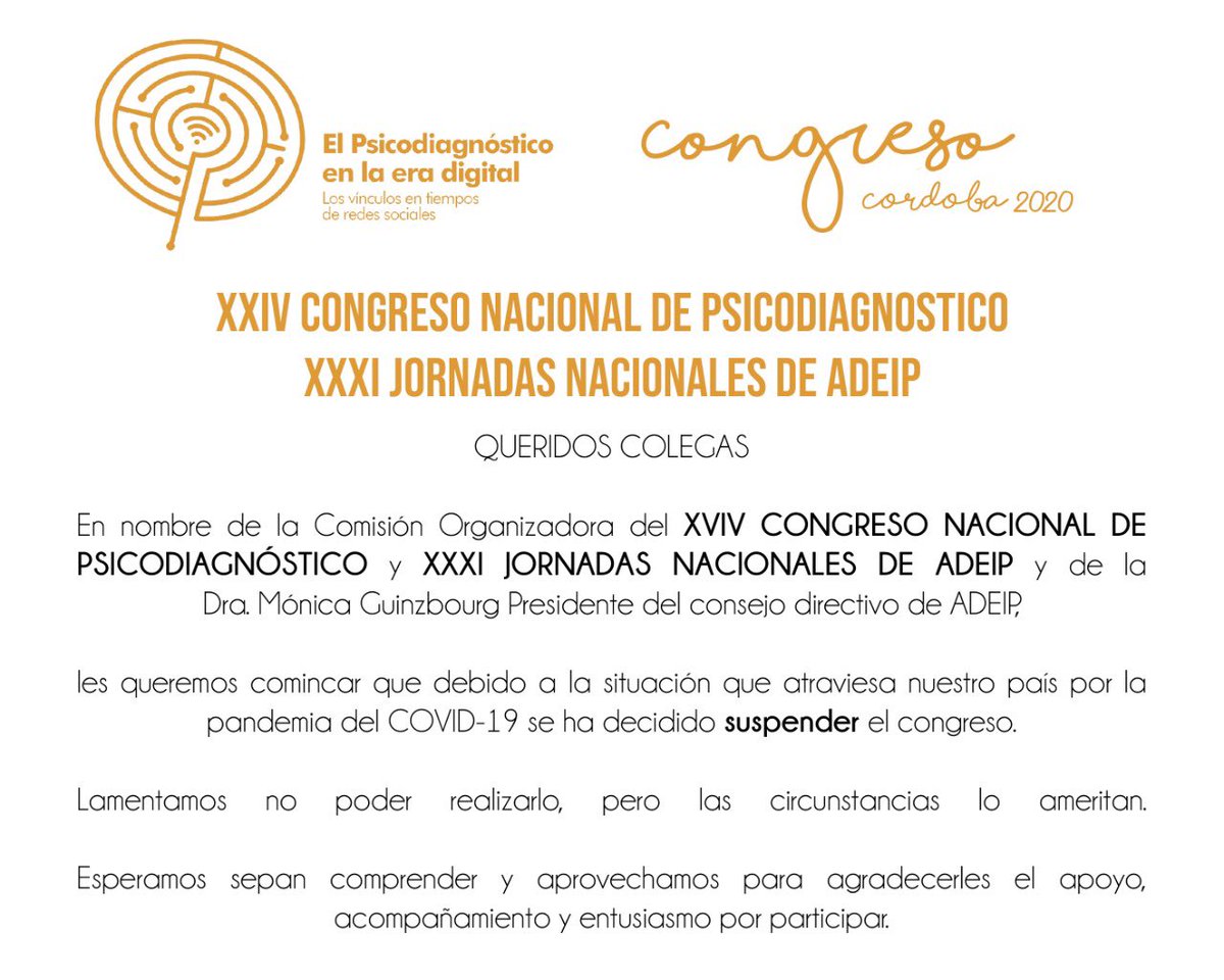 CongresoAdeip's tweet photo. Buenos días colegas
Lamentamos tener que informarles que el Congreso de Psicodiagnóstico 2020 se suspende.
Ha sido una decisión difícil de tomar pero necesaria en el contexto que atravesamos 😷
#Adeip
#CongresoPsicodiagnóstico
#Psicología
#Pandemia
#QuedateEnCasa https://t.co/hXh54cMlbJ