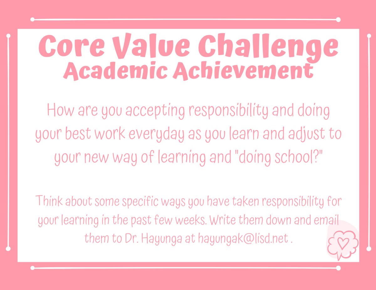 OldSettlersES's tweet photo. This week's Core Value Challenge focuses on Academic Achievement - How are you accepting responsibility and doing your best everyday as you adjust to your new way of learning? #OSEstars #LISDatHome https://t.co/GQMOHwj3ab