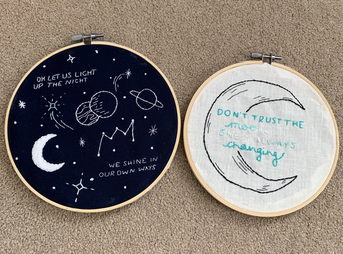time to promote myself (again) - i make embroidery hoops and do custom embroidery on clothing items! embroidery hoops are typically between £13 and £17 depending on design, and custom embroidery on clothes is dependant on the level of detail etc. please drop a dm if interested!