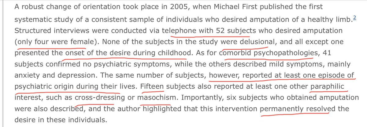Similar themes emerge with Michael Firsts research. Paraphilia, co-morbidities of psychiatric conditions. Interestingly he downplays the sexual motivation, calling it “secondary”. Also reports “successful out comes with amputation. Would love to see the follow up time frame.