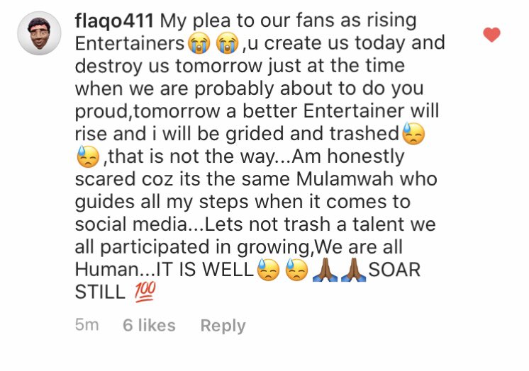 flaqo411's tweet photo. I did not speak today out of fear and stress on how i will be trolled tomorrow when a fresh talent rises....But still we stay strooong and thank you for always supporting talent to levels my big bro Mulamwah has reached,hats off to you all 🙏🏾 https://t.co/DyYenXiJQF