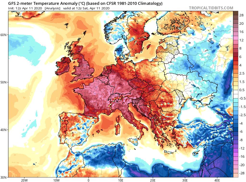 Depuis une semaine, de l'air chaud & sec, d'abord provenant de la péninsule ibérique, puis de l'Europe de l'Est, puis se réchauffant sur place, stagnait sur l'Europe avec des températures ~10°C +chaudes par rapport aux normales (anomalie en couleurs)(20/N)  https://twitter.com/EKMeteo/status/1247562796855963648