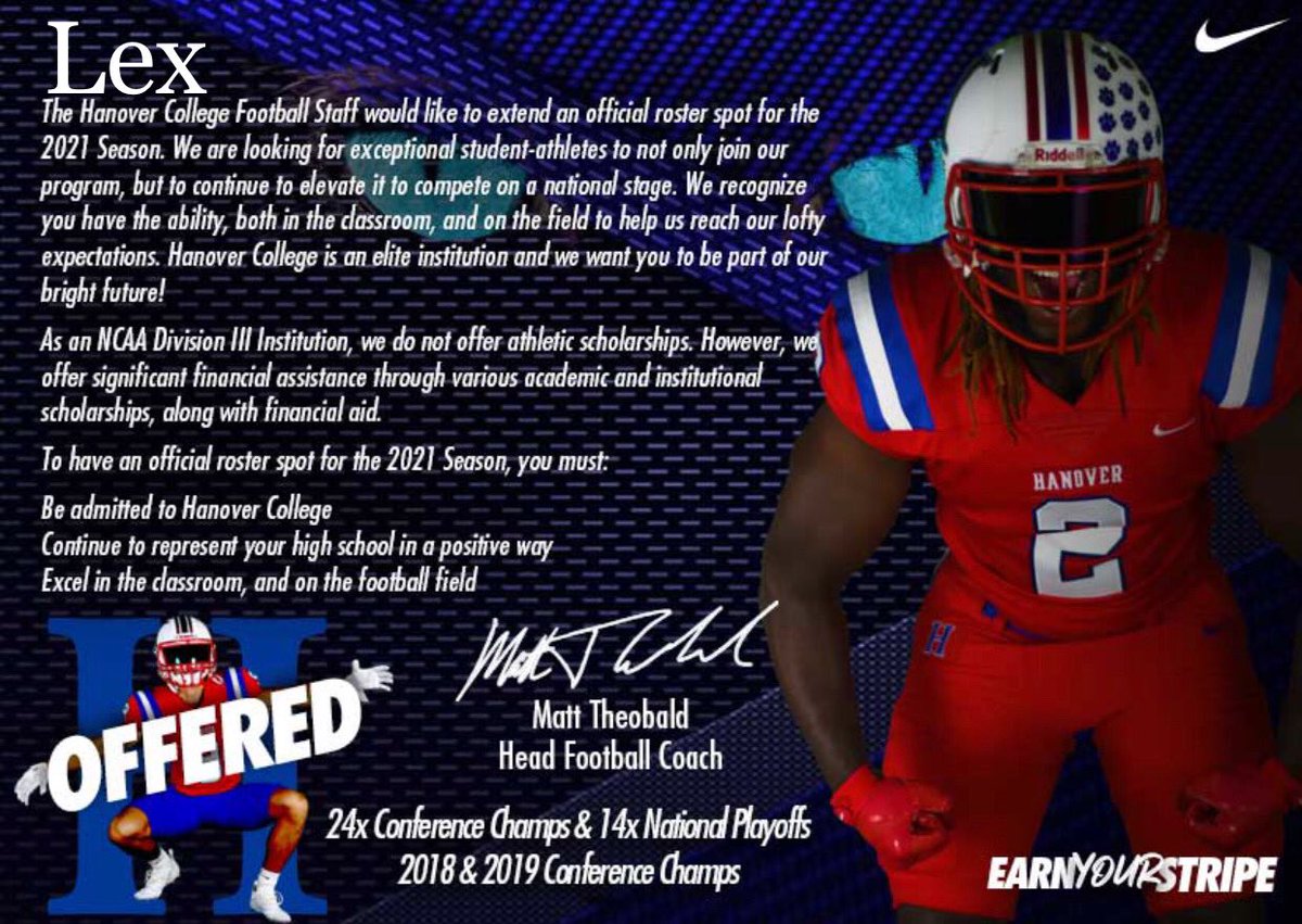 Lex27Thomas's tweet photo. I’m thankful for this opportunity to play college football. My first official roster spot offer from Hanover college. Thank you @Coach_Jay53 and @HanoverFTBL for this opportunity, go panthers!! https://t.co/nWpvgbbqGv