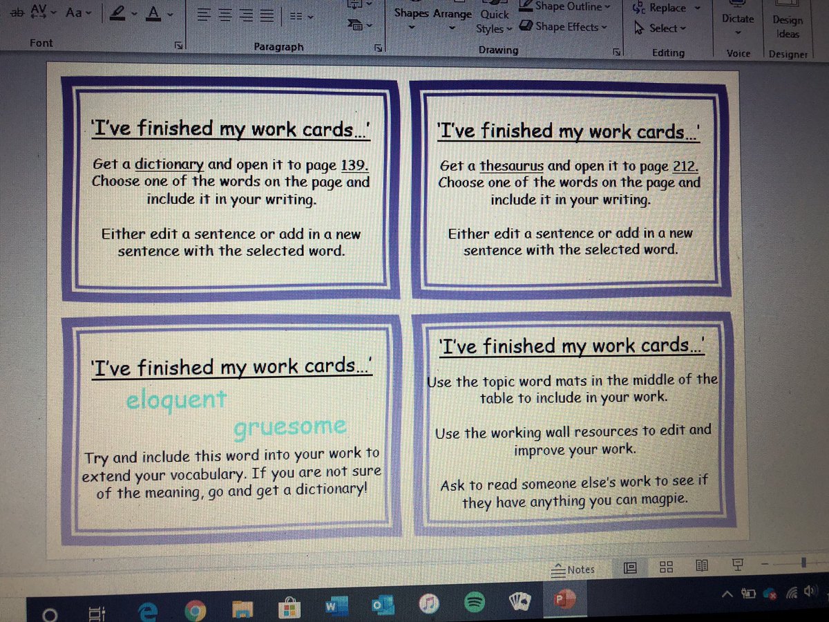 Spent the afternoon making Literacy activity cards which the children can use when they’ve finished their writing!  Ways for the children to evaluate, edit & improve their work, as I’ve found that some children find it hard to do this.  #edutwitter  #resources  #teachers