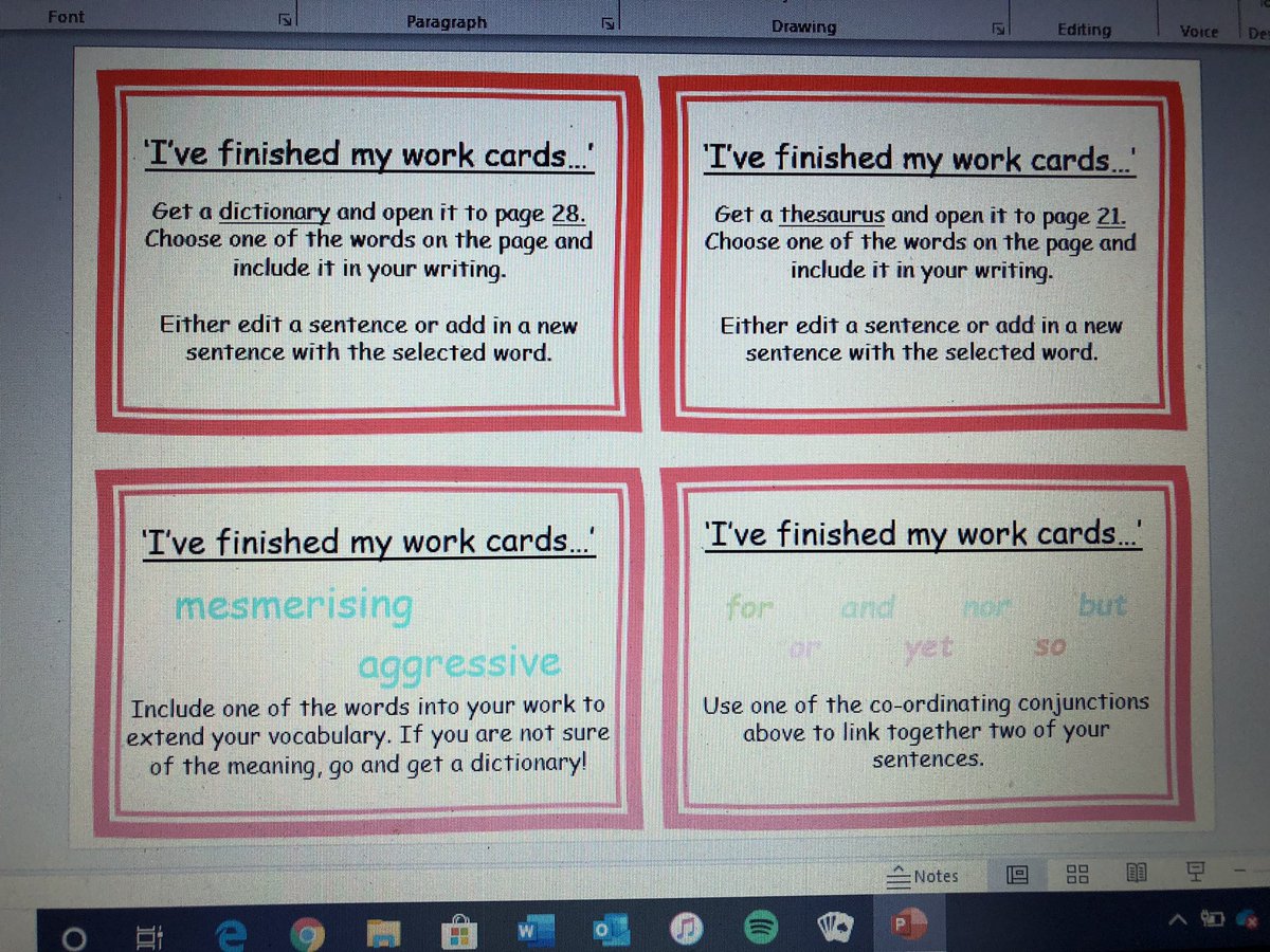 Spent the afternoon making Literacy activity cards which the children can use when they’ve finished their writing!  Ways for the children to evaluate, edit & improve their work, as I’ve found that some children find it hard to do this.  #edutwitter  #resources  #teachers