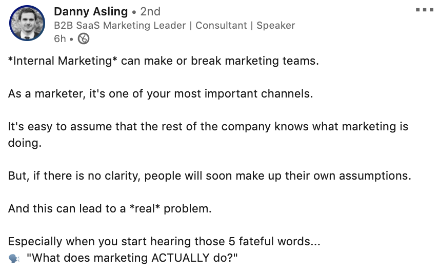 ProfitWell's tweet photo. Marketers, raise your hand if you've gotten the dreaded question, "so what does #marketing actually do?" 🙋‍♀️

@Asling knows the key to avoiding that question all together: internal marketing.

More tips on today's episode of #RecurNow: https://t.co/3ElUi92l4U https://t.co/oe0G5l2cZV