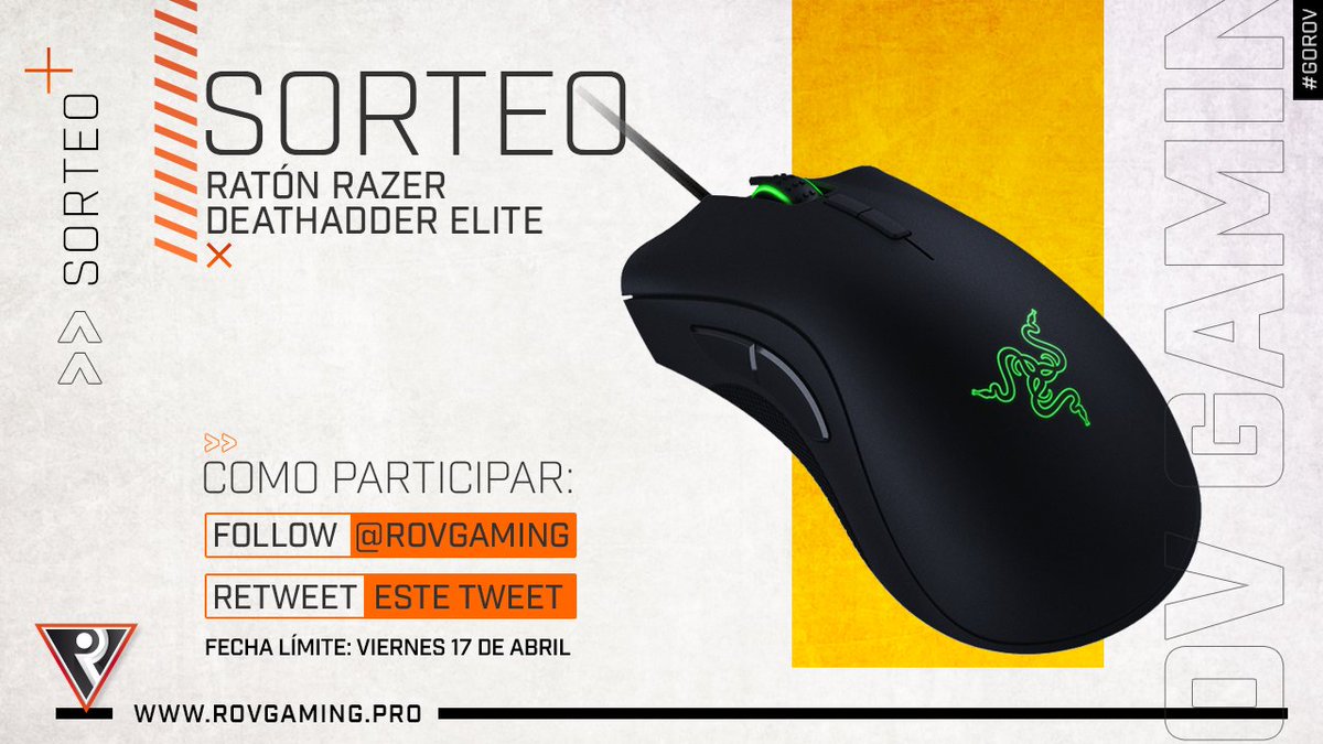 ROVGaming's tweet photo. | SORTEO | 

Participa y consigue un Ratón @Razer Deathadder elite con motivo de nuestro primero "Torneo de Streamers"

Para participar:
💟Follow @ROVGaming
🔁 Retweet este tweet

🗓️ Fecha límite Viernes 17 de Abril. https://t.co/LX9VRz4OnH