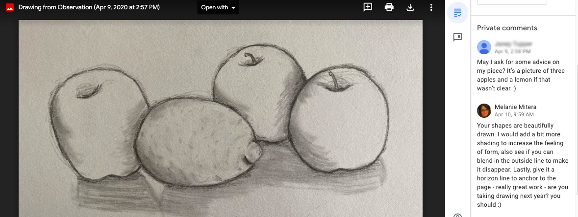 MelanieMitera's tweet photo. Teaching art from a distance has been really challenging for me. I miss my kids - their personalities, humor, creativity. But -this online critique with a student makes me ridiculously happy. @m_south_hs @MillardPS #Proud2bMPS https://t.co/BWnxVsh0y0