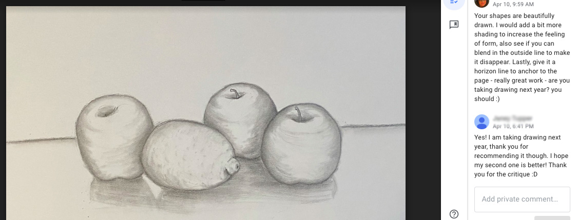 MelanieMitera's tweet photo. Teaching art from a distance has been really challenging for me. I miss my kids - their personalities, humor, creativity. But -this online critique with a student makes me ridiculously happy. @m_south_hs @MillardPS #Proud2bMPS https://t.co/BWnxVsh0y0