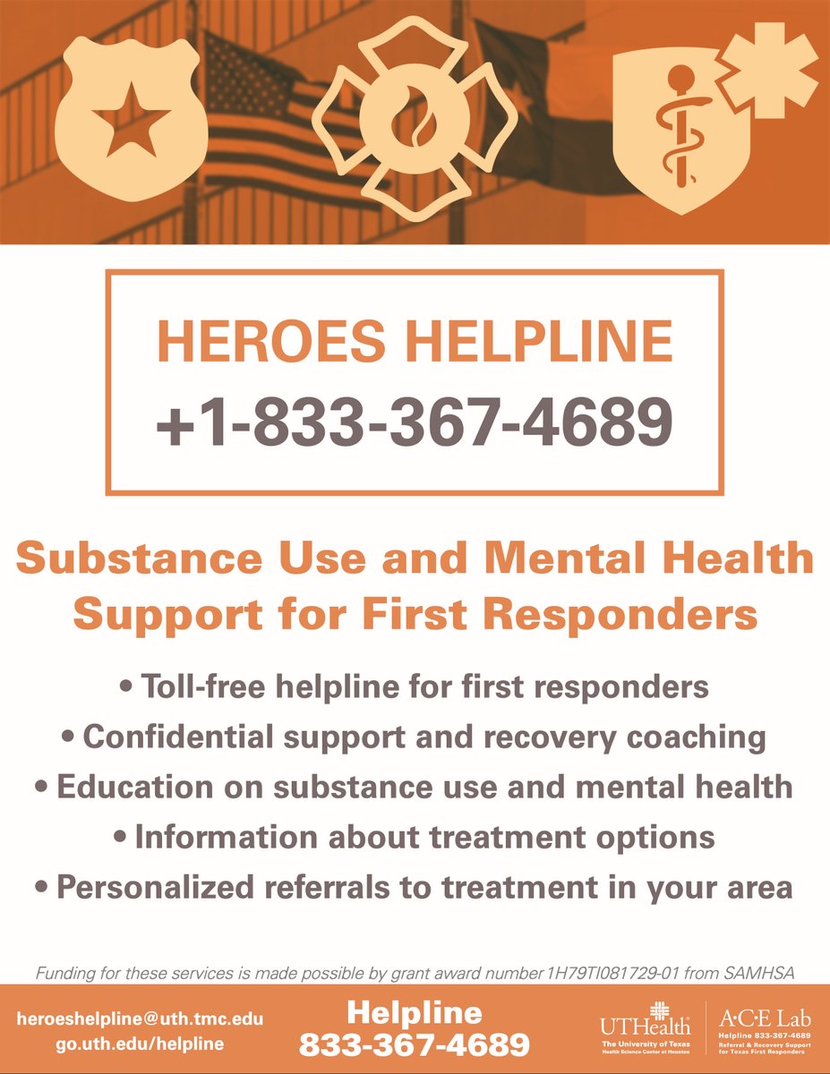 HEROES_UTHealth's tweet photo. In these times of unprecedented chaos, we are reaching out to Texas first responders. If you know any firefighters, paramedics, law enforcement officers - please share this. We never know who could use these free, confidential services. #texasfirstresponders @UTPoliceHouston https://t.co/WWqDHjbM5w