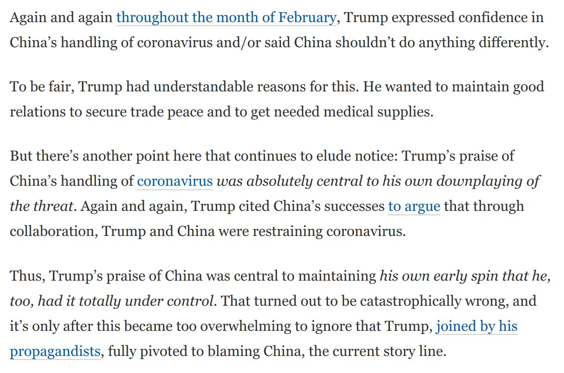 Trump's early praise of China's handling of coronavirus wasn't simply about maintaining good relations.It was also *crucial to Trump's early spin that he, too, had the virus under control in the US.*This point keeps getting lost. But it's critical: https://www.washingtonpost.com/opinions/2020/04/13/trumps-latest-rage-fest-is-one-his-most-absurd-dangerous-yet/