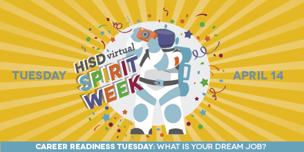 HoustonISD's tweet photo. 🎉HISD Virtual Spirit Week continues tomorrow with Career Day!

What's your dream job? Do you want to be an astronaut, a doctor, a teacher or a scientist? 

Dress up and share a photo of yourself dressed for your career of choice tomorrow! #HISDSpiritWeek #HISDatHome https://t.co/cFsvVgI30N