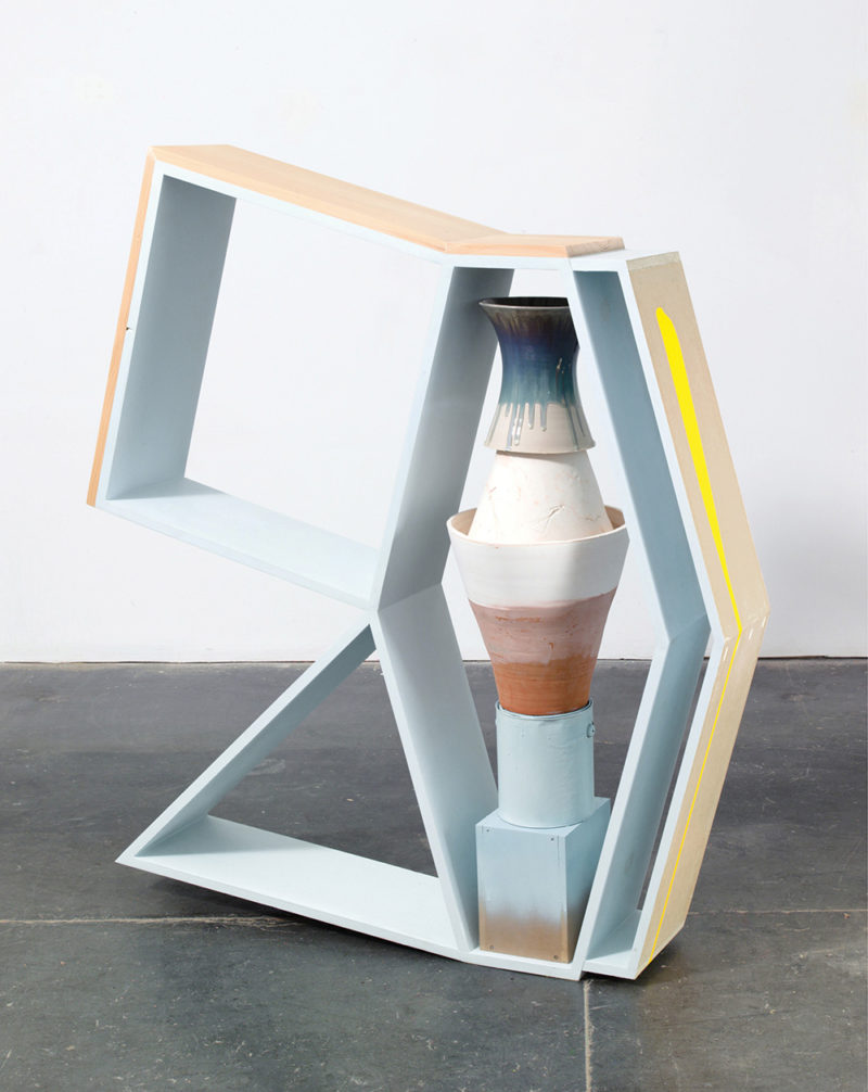 Mixed media sculpture by American artist Nicole Cherubini, 2010s, who combines traditional ceramics with found objects and newer materials like MDF, spray paint, and epoxy