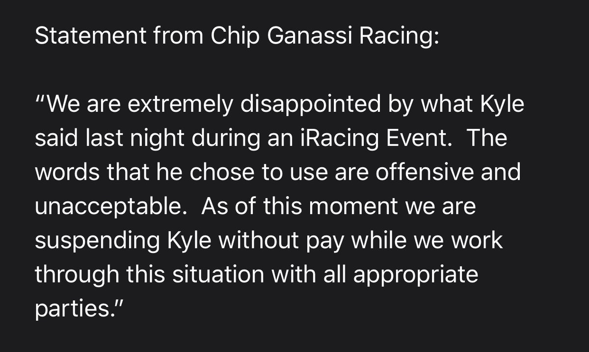Kyle Larson has now been suspended without pay by Chip Ganassi Racing due to his use of the N word during last night’s iRacing event.