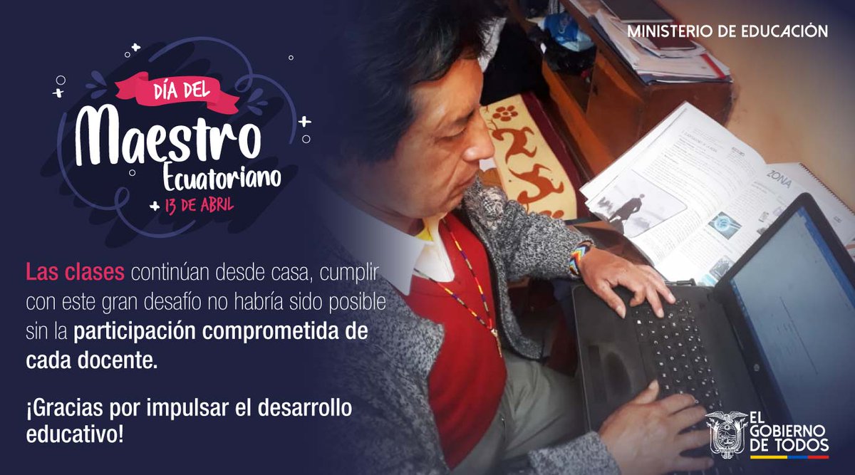 #DíaDelMaestro🇪🇨 | Felicitamos a los docentes por su empoderamiento y por adaptar las planificaciones curriculares a las realidades de cada uno de sus estudiantes, su preparación pedagógica permite el desarrollo de niños y jóvenes. 

#AEcuadorLoSacamosTodos

<a href="/Educacion_Ec/">Ministerio de Educación, Deporte y Cultura</a>