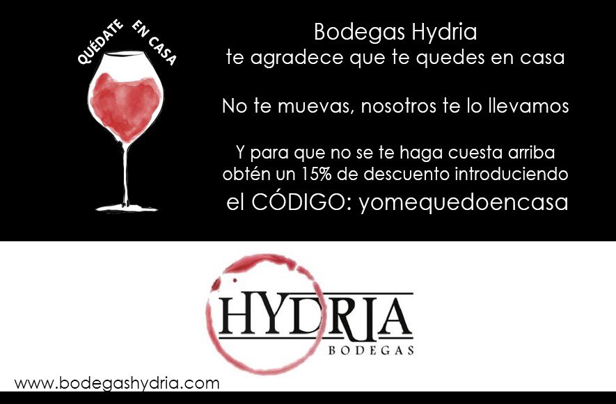 BodegasHydria's tweet photo. #bodegashydria te agradece que te quedes en casa. Nosotros te lo llevamos. Y para que no se te haga cuesta arriba el confinamiento y mientras dure.  Un 15% de dto con el código #yomequedoencasa. Sin gastos de envío a partir de 50€. Pedidos en.  https://t.co/wAhzrCShy7 https://t.co/Jv6z4C6X15