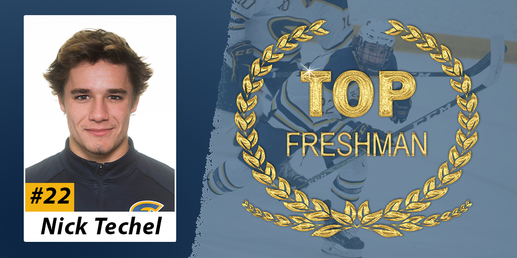TEAM AWARDS: Top Freshman

Nick Techel (Fr. - Wausau, WI/West)
- 4G, 8A, +10 through 25GP
- 2019 Primelink Shootout Most Outstanding Rookie
- GWG on 12/7 vs. UWRF

Congrats! @17nitechel 
#BlugoldPride #gritty