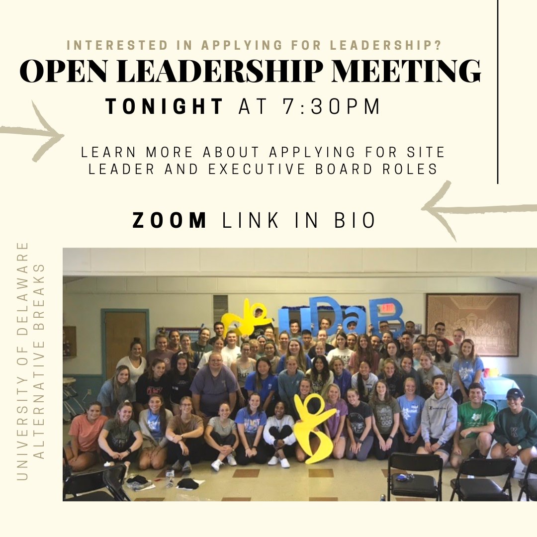 Interested in joining UDaB as an executive board member or a site leader? Join us TONIGHT at 7:30pm on Zoom for an Open Leadership Meeting to learn more information about these roles. We can’t wait to see you all there!

Zoom link: udel.zoom.us/j/338058594