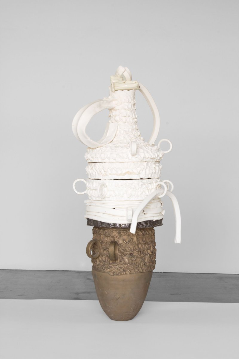 Mixed media sculpture by American artist Nicole Cherubini, 2010s, who combines traditional ceramics with found objects and newer materials like MDF, spray paint, and epoxy