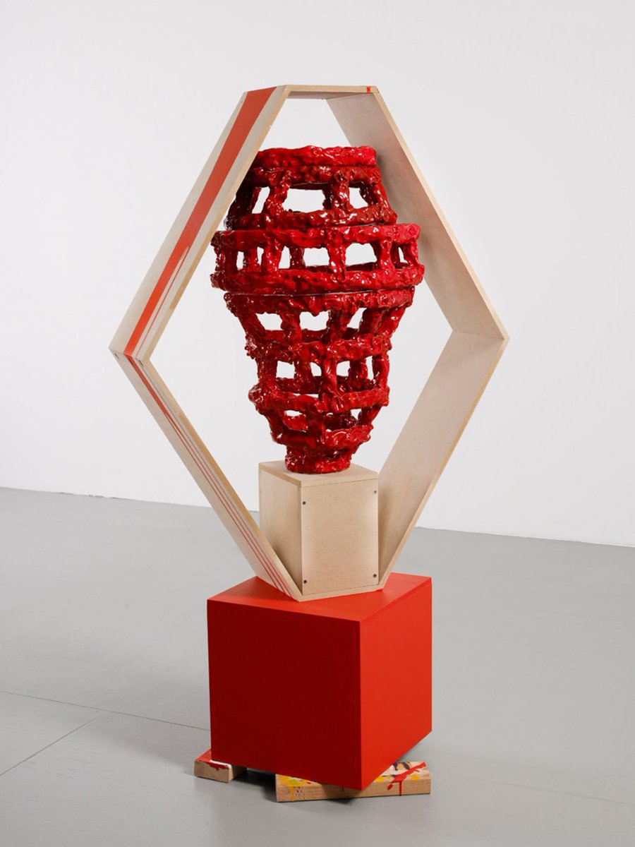 Mixed media sculpture by American artist Nicole Cherubini, 2010s, who combines traditional ceramics with found objects and newer materials like MDF, spray paint, and epoxy