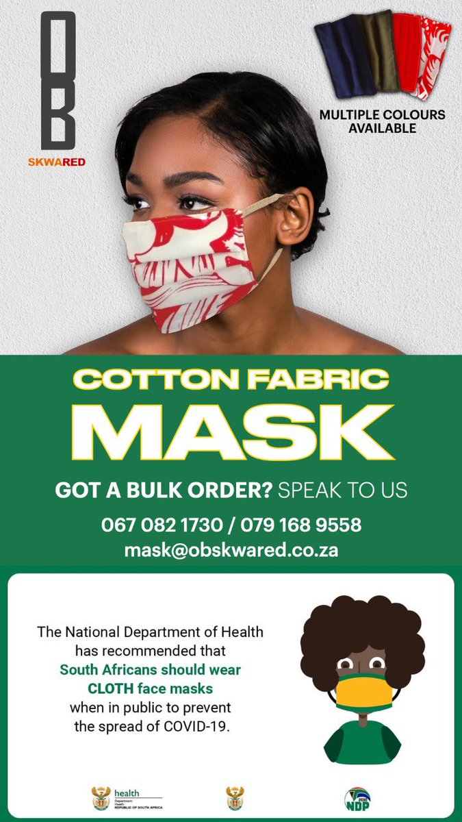 If you’re looking to order Cotton Masks in Bulk here’s a  mask@obskwared.co.za079 168 9558067 082 1730