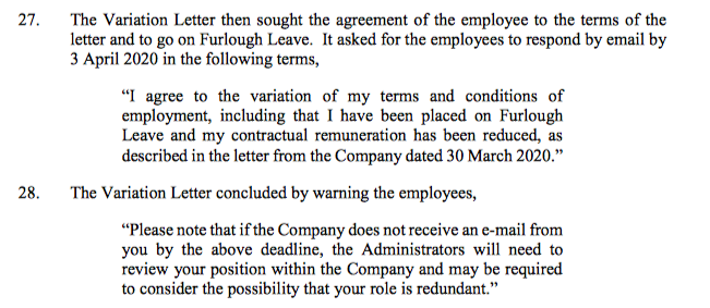 4/ Carluccio's administrators hoped to retain the company's employees as part of the business for sale. They proposed advantage be taken of the job retention scheme through furlough alongside a variation of contract to reduce wages to the scheme level & scheme payment timings.