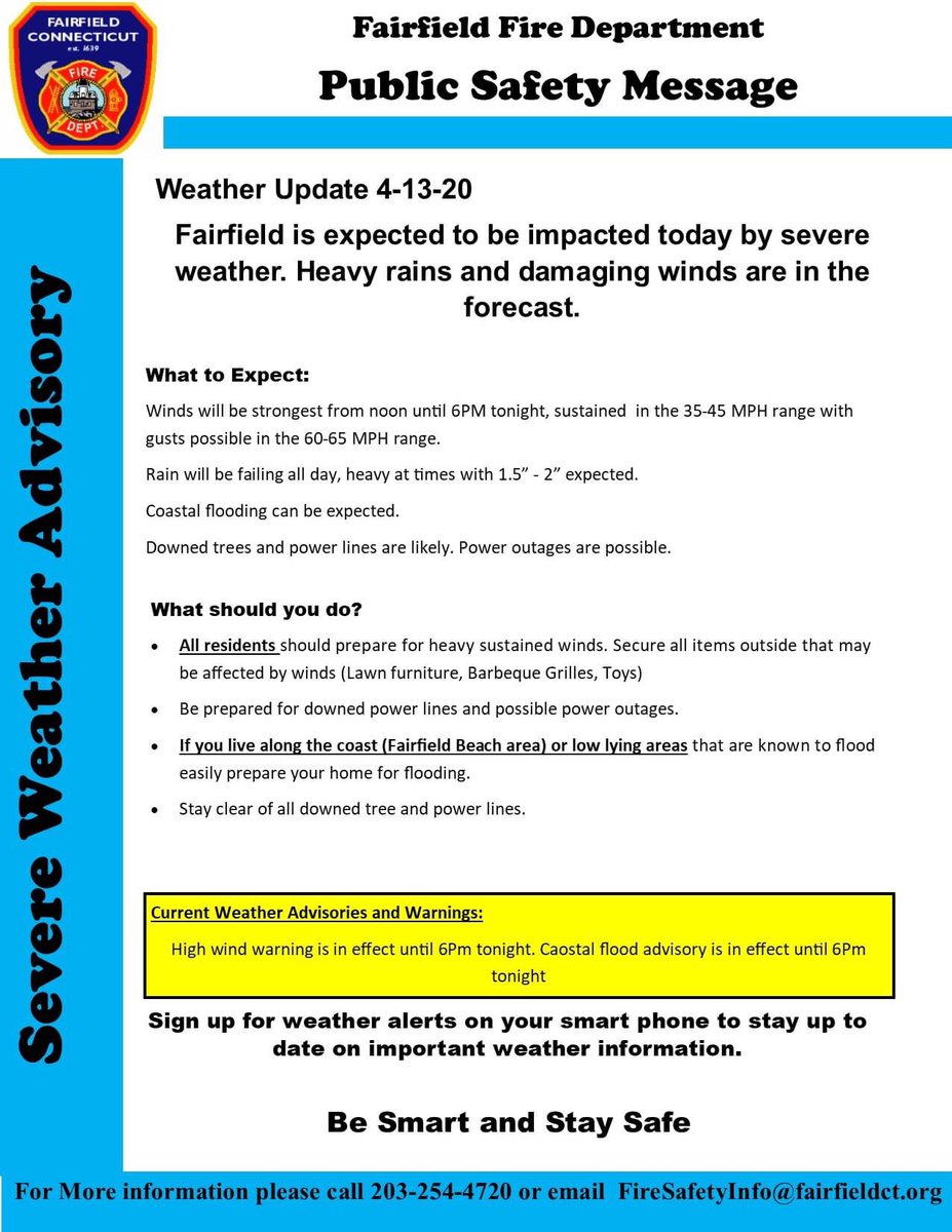FDFairfield's tweet photo. Damaging winds and heavy rains in the forecast for today in Fairfield. https://t.co/BQUxqeQJFB