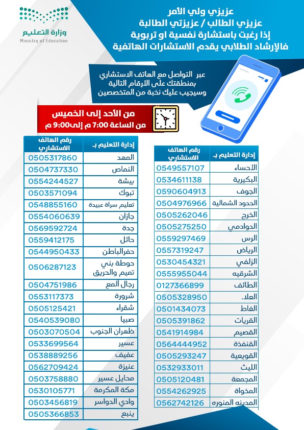 moe_gov_sa's tweet photo. إدارة الإرشاد الطلابي في #وزارة_التعليم تقدم الاستشارات الهاتفية للطلاب والطالبات؛ للإجابة على الأسئلة التربوية والنفسية، في جميع إدارات التعليم بالمحافظات والمناطق. https://t.co/Uj9gWkRHkw