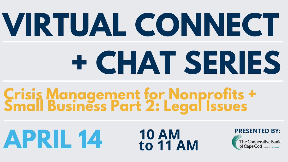 CCYP's tweet image. CALL FOR QUESTIONS: Tomorrow, we're chatting w/Attorney Bruce Bierhans to discuss how a solid legal strategy for crisis management can help us navigate the uncertainties organizations are currently facing. Email us your questions at info@capecodyoungprofessionals.org &amp;gt;&amp;gt;